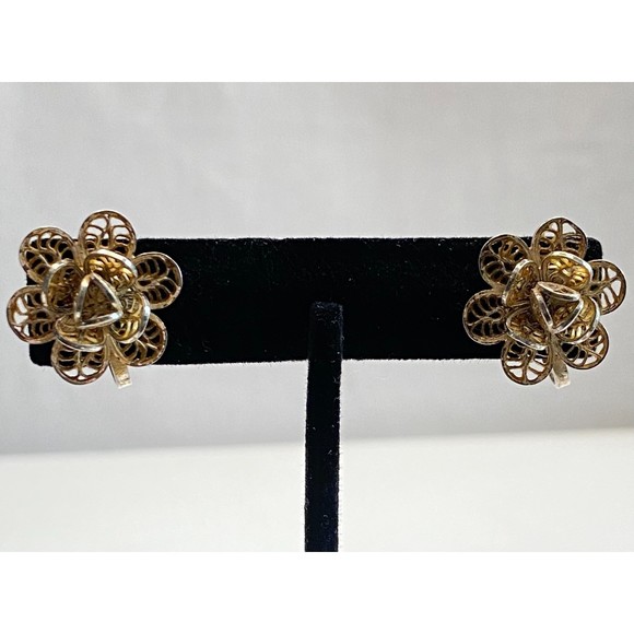 Mexico Sterling Earrings Vintage Flower Filagree Screw Back - Picture 4 of 11